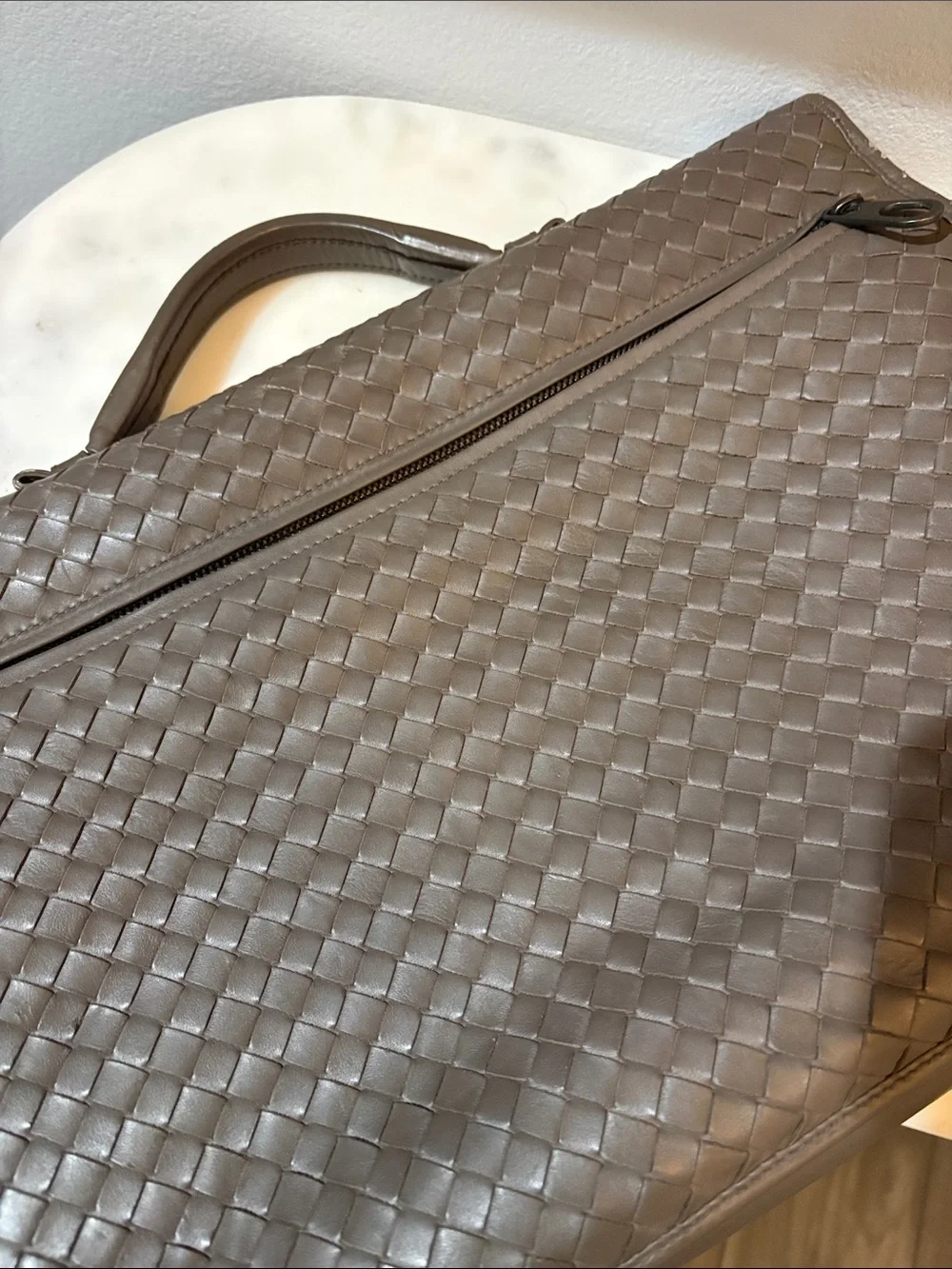Bottega Veneta Taupe Woven Leather Laptop Briefcase